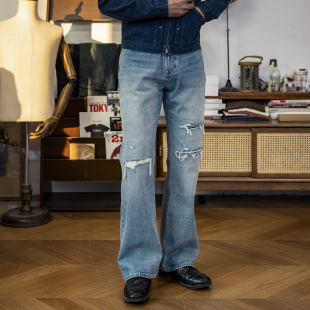 红风 517微喇水洗牛仔裤重磅15oz丹宁美式复古破洞做旧喇叭裤长裤