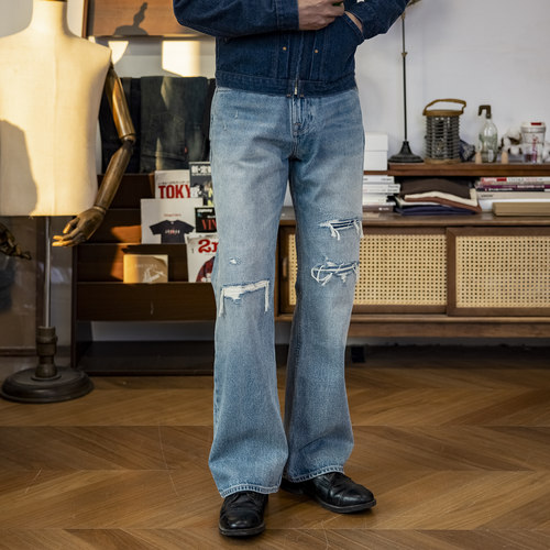 红风 517微喇水洗牛仔裤重磅15oz丹宁美式复古破洞做旧喇叭裤长裤