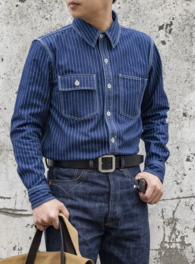 红风 美式工装条纹衬衫男春秋12OZ重磅复古WABASH点状拔染衬衣