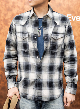 红风 德普棋盘格衬衫男款长袖美式复古法兰绒格子西部衬衣 复刻RL