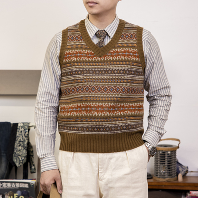 红风 费尔岛羊毛马甲100%纯羊毛背心北欧英式复古针织毛衣 男女款