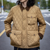 红风经典 夹克棉袄外套 秋冬复古英伦猎装 款 卡其色菱格绗缝棉衣男款