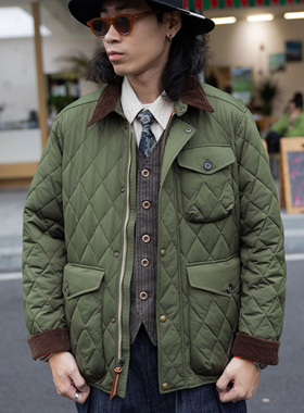 红风经典款军绿色菱格绗缝棉衣男款秋冬复古英伦猎装夹克棉袄外套