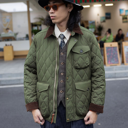 红风经典款军绿色菱格绗缝棉衣男款春季复古英伦猎装夹克棉袄外套