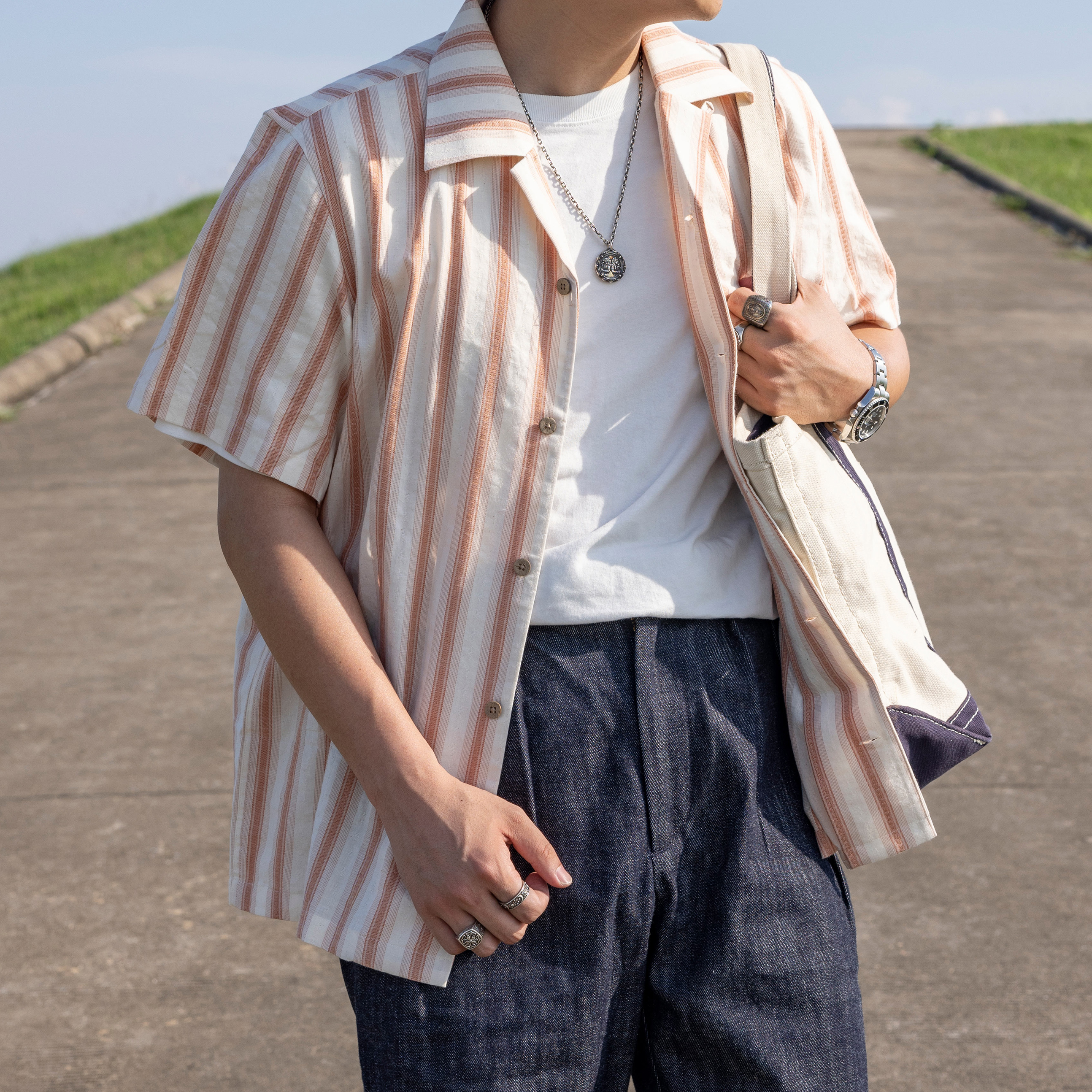 红风古巴领短袖提花条纹衬衫
