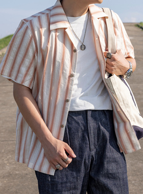 红风 美式复古提花条纹衬衫纯棉Aloha夏威夷宽松度假短袖衬衣男