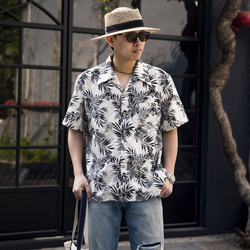 红风 男士短袖衬衫美式复古提花夏威夷衬衫古巴领宽松花衬衣aloha