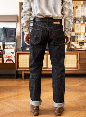 红风 牛仔裤男款修身直筒原牛赤耳丹宁长裤袋花黑牛 复刻FW601B