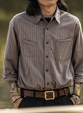 红风1930s胡椒盐石楠条纹工装衬衫男长袖秋冬复古休闲西部衬衣