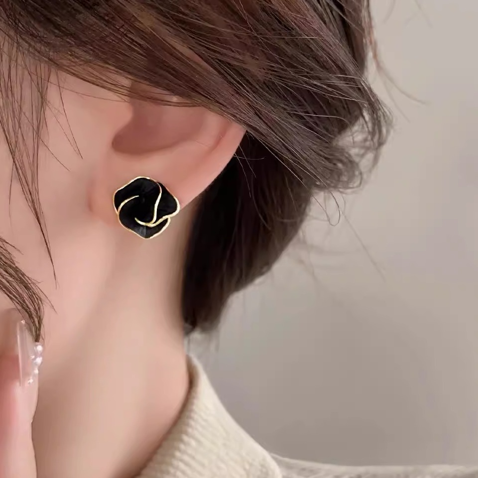 黑色山茶花耳钉纯银轻奢小众
