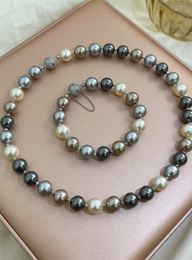 大溪地灰色珍珠混采钻球项链女