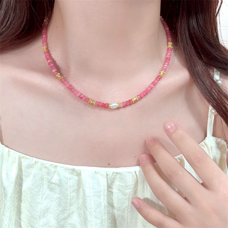 甜酷粉色天然石淡水珍珠项链