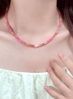 甜酷粉色天然石淡水珍珠项链