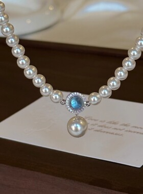 简约施家珍珠项链女海蓝宝吊坠
