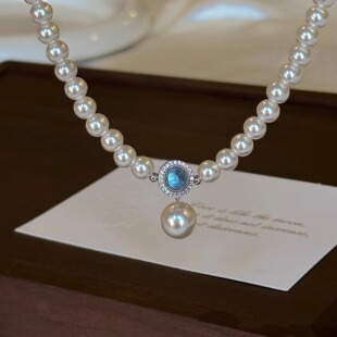 简约施家珍珠项链女海蓝宝吊坠精致锁骨链2025新款 高级感颈链 爆款