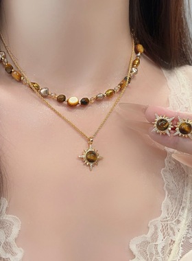 美拉德虎眼石长款毛衣链轻奢