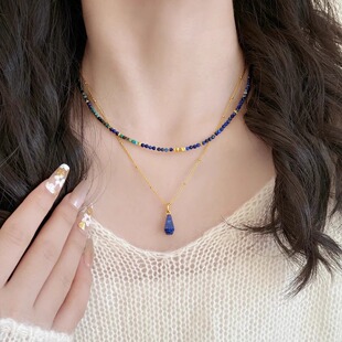 新中式国风深蓝色串珠碎银项链女款气质轻奢小众高级感锁骨链颈链