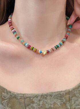 彩色天然石串珠项链ins设计