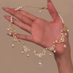 法式水滴珍珠爱心流苏项链复古千金感轻奢晚礼服多层锁骨链宫廷风