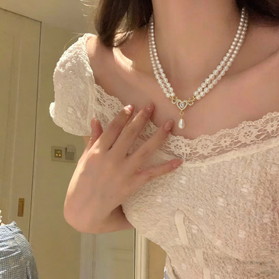 洛丽塔双层珍珠流苏锁骨链女