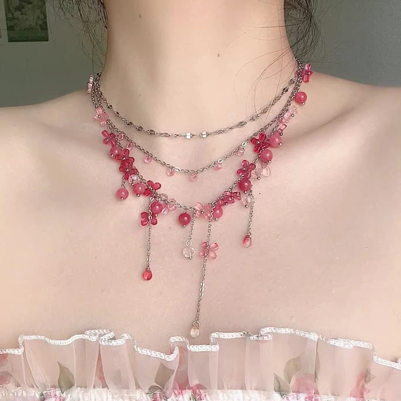 【粉黛佳人】粉色花朵蝴蝶水晶串珠流苏项链轻奢高级感锁骨链配饰,饰品/流行首饰/时尚饰品新,项链,淘宝优惠券,粉丝福利购,淘宝优惠卷