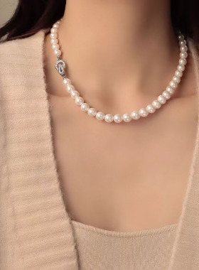 强光法式高级正圆珍珠项链女