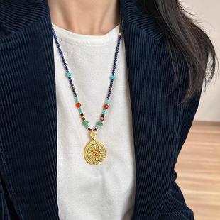 新中式国风古法纱巾烧蓝八宝罗盘如意锁青金石项链毛衣链吊坠配饰