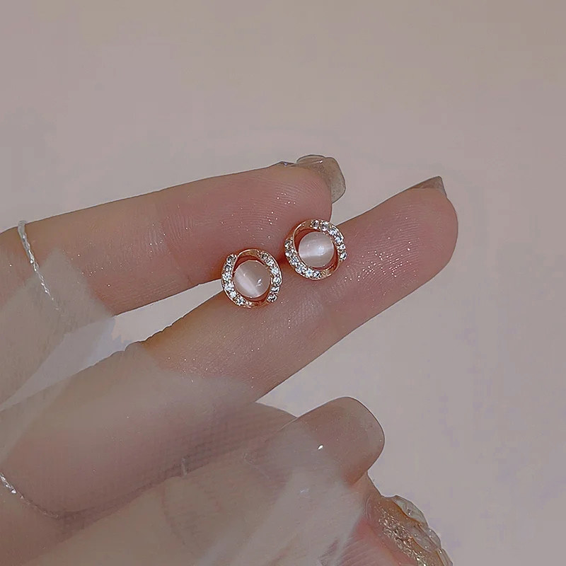 S999银针高级玫瑰金猫眼石圆圈耳环女2025新款爆款气质养耳洞耳饰