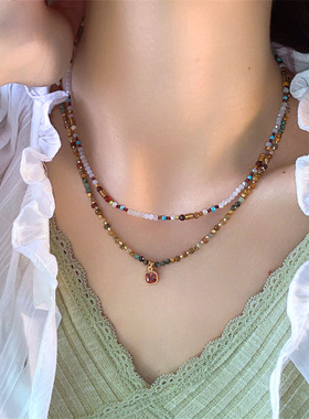 夏季多巴胺串珠方糖锆石吊坠项链