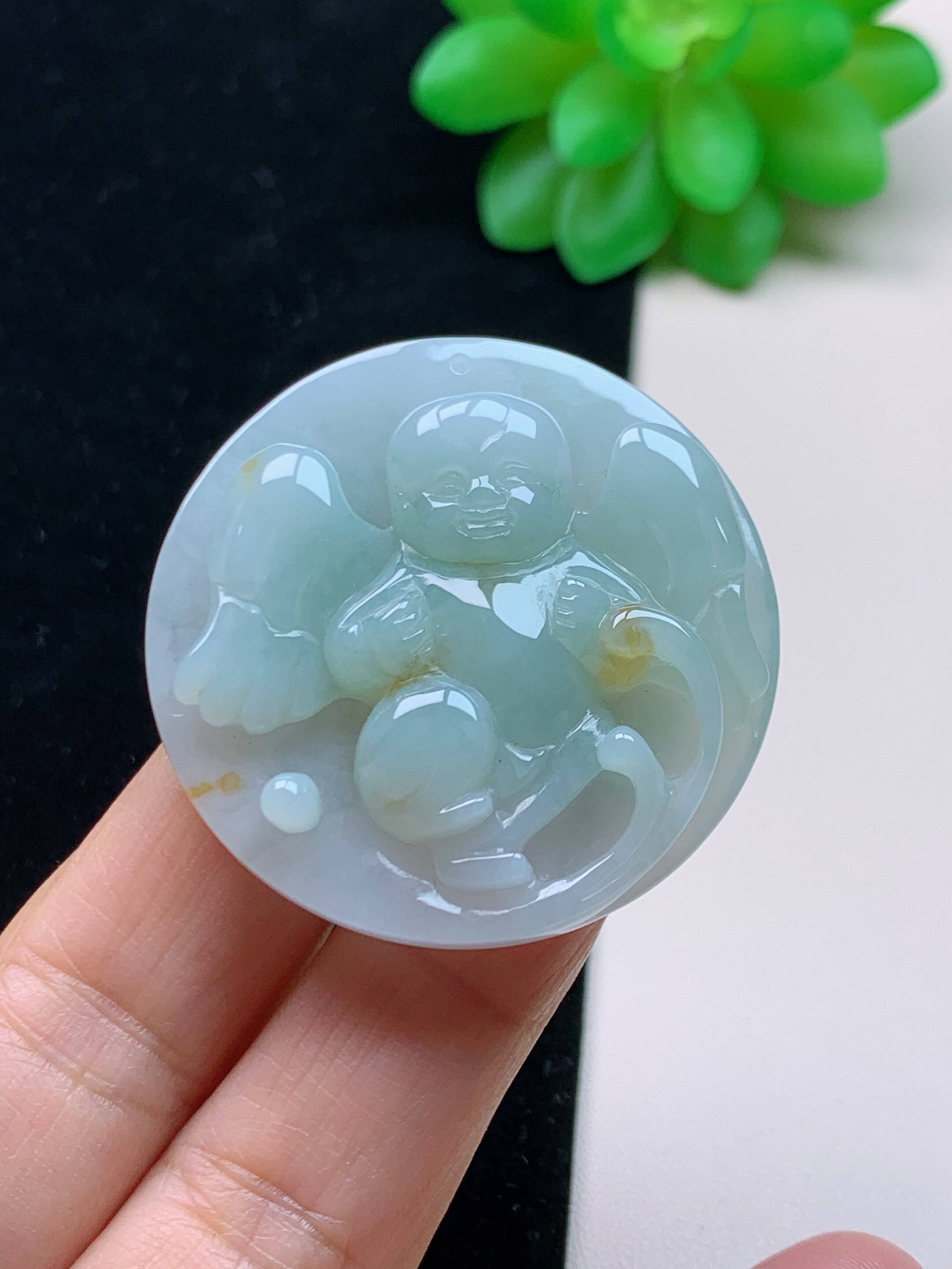 天然缅甸a货翡翠天使吊坠糯种圆牌玉石挂件饰品