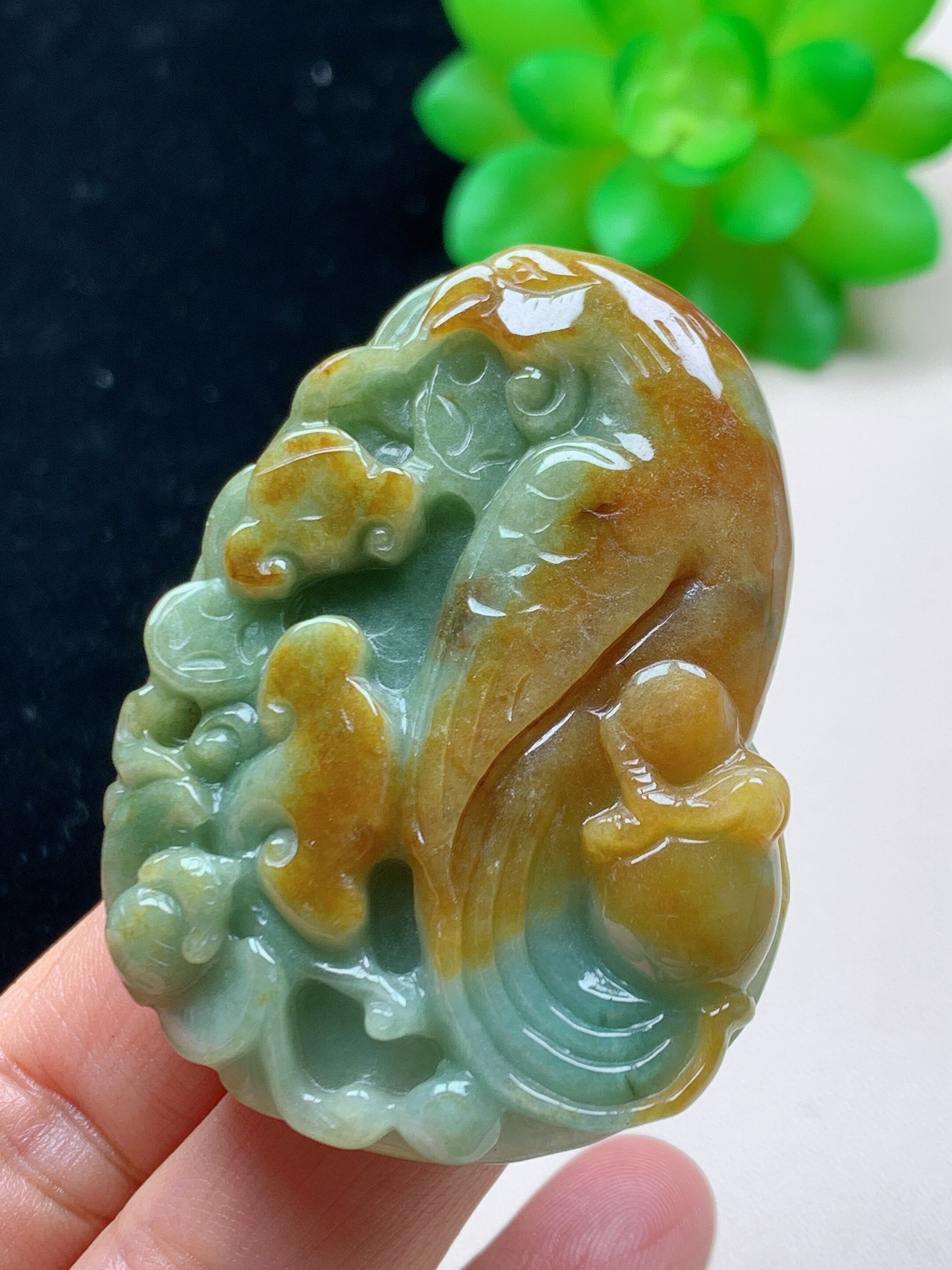 天然翡翠凤凰吊坠玉器  黄翡百鸟朝凤龙凤玉佩玉石挂件