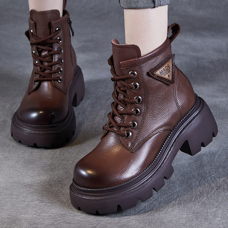 头层牛皮女鞋英伦风真皮马丁靴加绒厚底增高系带机车短靴休闲靴子