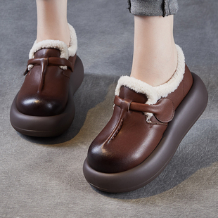 真皮加绒松糕鞋女厚底增高面包鞋头层牛皮秋冬季保暖大头鞋小皮鞋