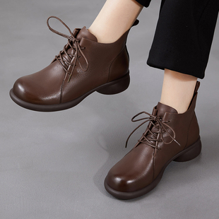 头层牛皮女鞋靴子英伦风真皮马丁靴短靴春季系带圆头中跟棕色单靴