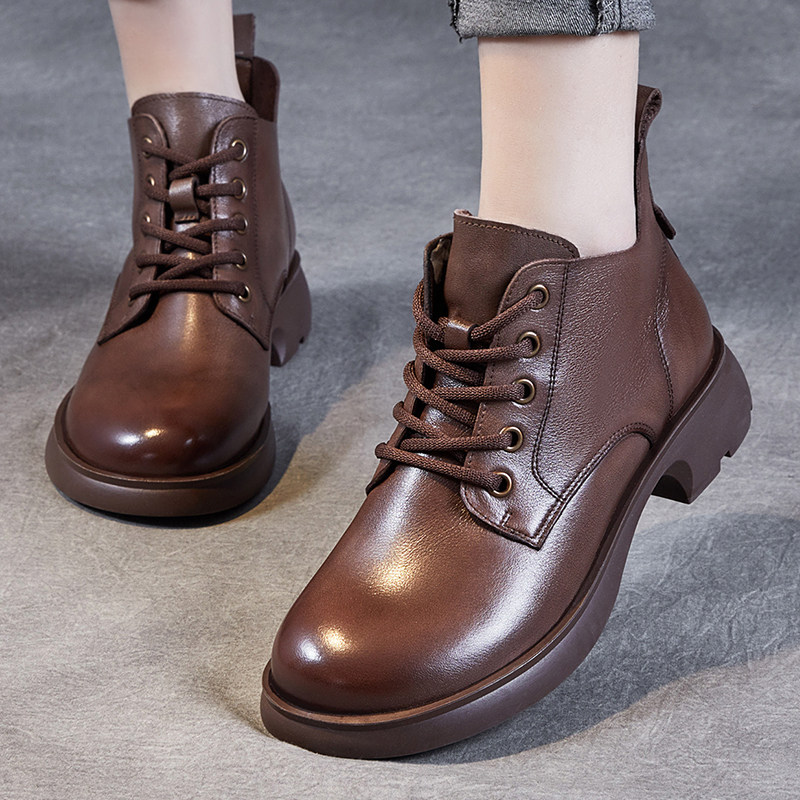 头层牛皮女鞋靴子真皮英伦风马丁靴秋冬季加绒系带短靴百搭瘦瘦靴