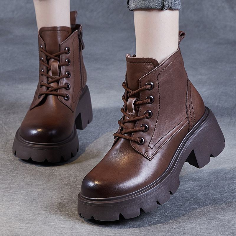 头层牛皮女鞋靴子英伦风真皮马丁靴女冬季厚底短靴系带保暖加绒靴