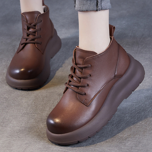 头层牛皮大码女鞋41-43真皮英伦风马丁靴加绒短靴厚底复古小皮鞋