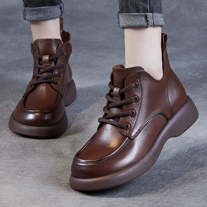 头层牛皮女鞋英伦风真皮马丁靴秋冬加绒保暖系带短靴百搭棕色单靴