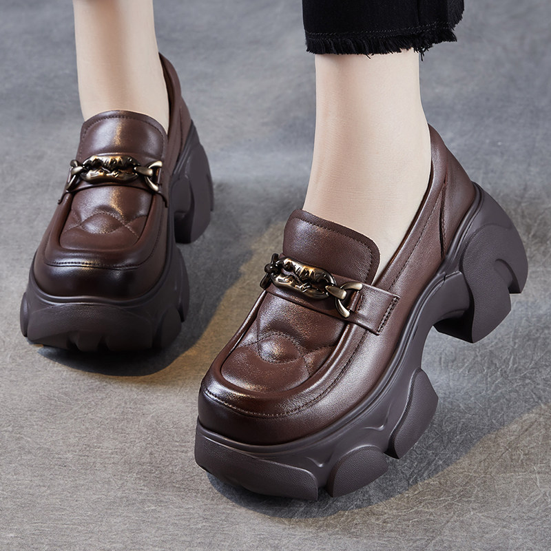 头层牛皮女鞋真皮厚底乐福鞋2025新款春秋百搭增高小皮鞋一脚蹬鞋