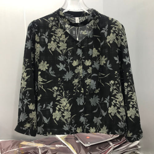 植物印花V领蝴蝶结长袖衬衫女