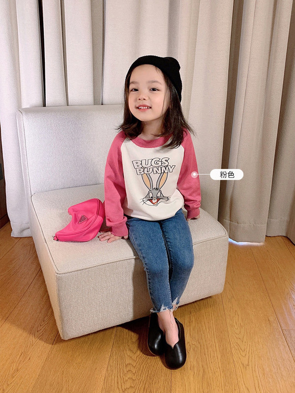 2024女童毛衣春秋薄款洋气打底衫儿童t恤女卡通印花宽松宝宝上衣