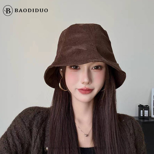 日系复古渔夫帽灯芯绒褶皱帽子女大头围显脸小水桶帽时尚