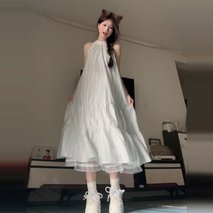 法式 小个子海边度假气质长裙 蓝色挂脖吊带连衣裙子女夏季 2025新款