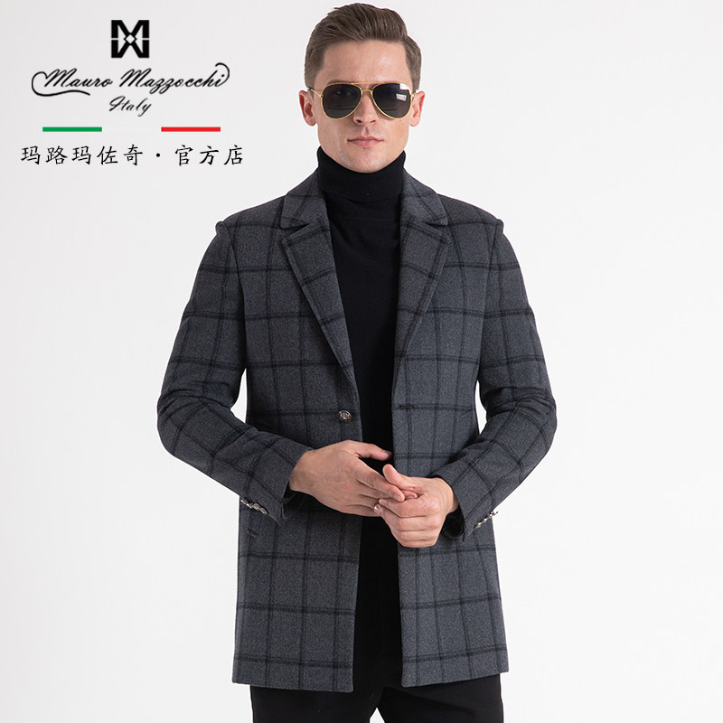 玛路男装/mauro秋冬休闲时尚抗皱羊毛混格纹中长大衣外套mh464002