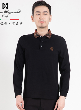 玛路男装/MAURO柔软轻薄/时尚绣花英伦格纹领长袖翻领T恤MK330003