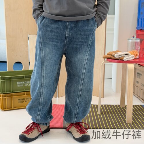 秋冬加绒儿童直筒宽松牛仔裤