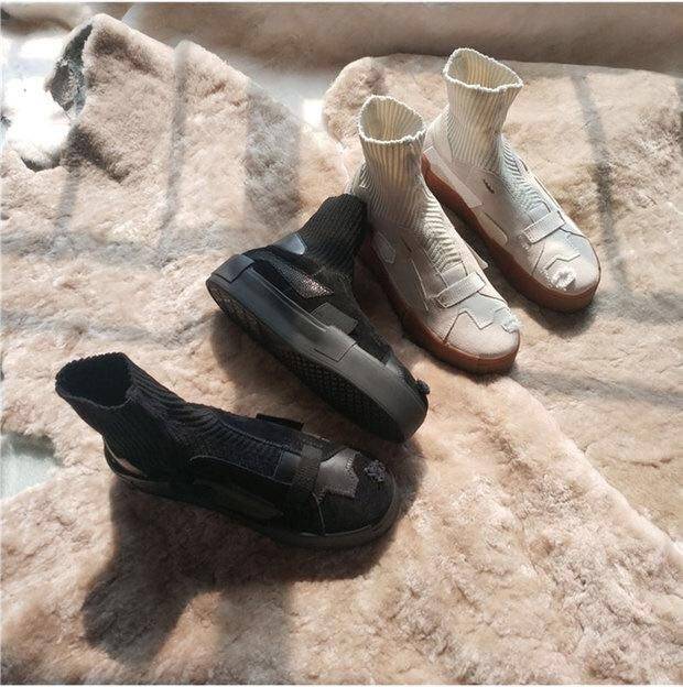 2019款破洞乞丐鞋女平底百搭学生厚底弹力高帮鞋套脚针织袜子靴女