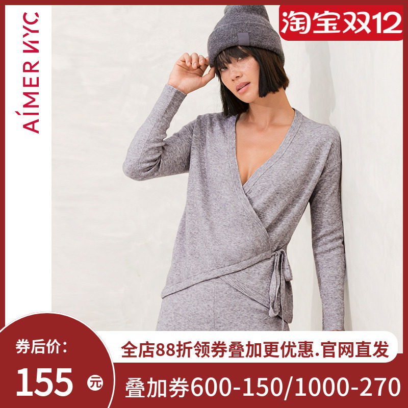 爱慕NYC睡衣女家居服女可外穿轻运动长袖斜襟上衣睡衣睡裤套装