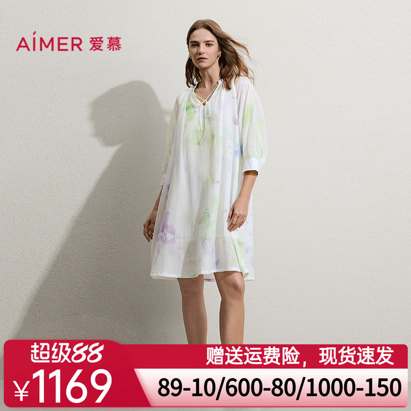 爱慕春夏花间醒睡衣女棉质含桑蚕丝可外穿连衣睡裙AM44C711