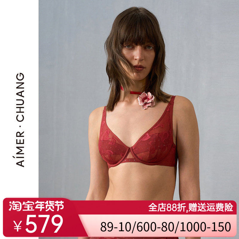 爱慕&middot;CHUANG玫瑰4内衣女4/4轻薄杯大胸显小红色文胸CA131401